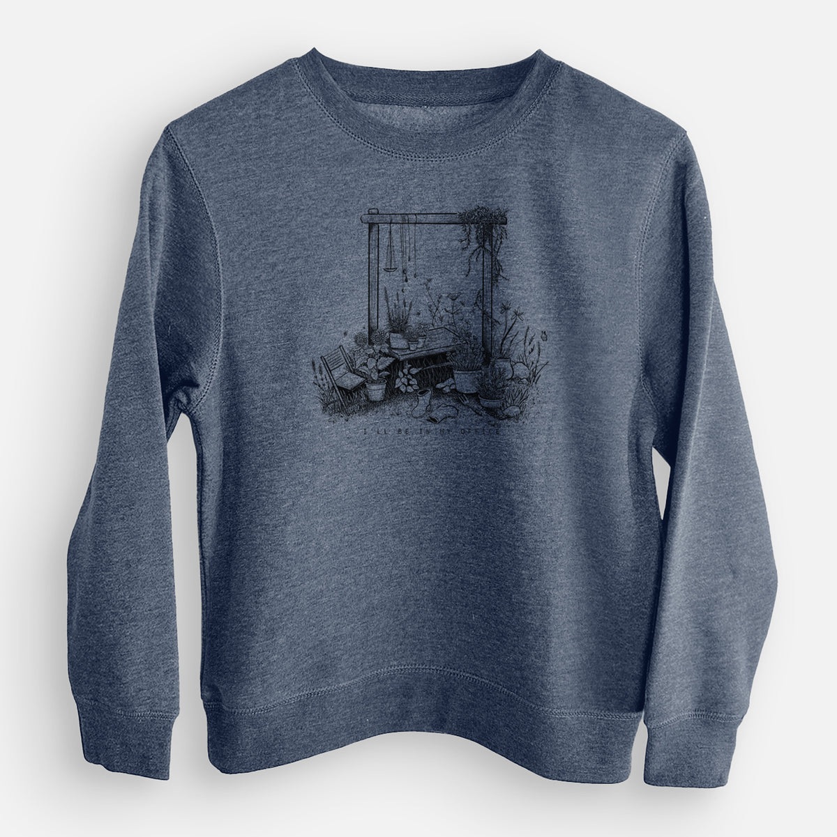 Storm blue youth crewneck sweatshirt laid flat, printed with a black ink illustration of a garden gate arch surrounded by potted plants and flowers.