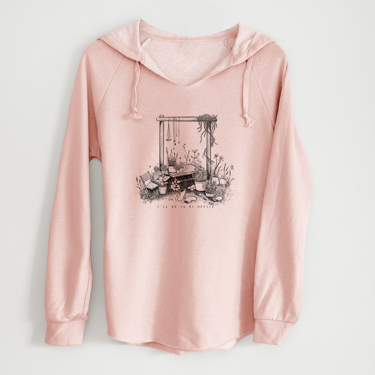 Blush pink women's Cali Wave hooded sweatshirt laid flat, printed with a black ink illustration of a garden gate arch surrounded by potted plants and flowers.