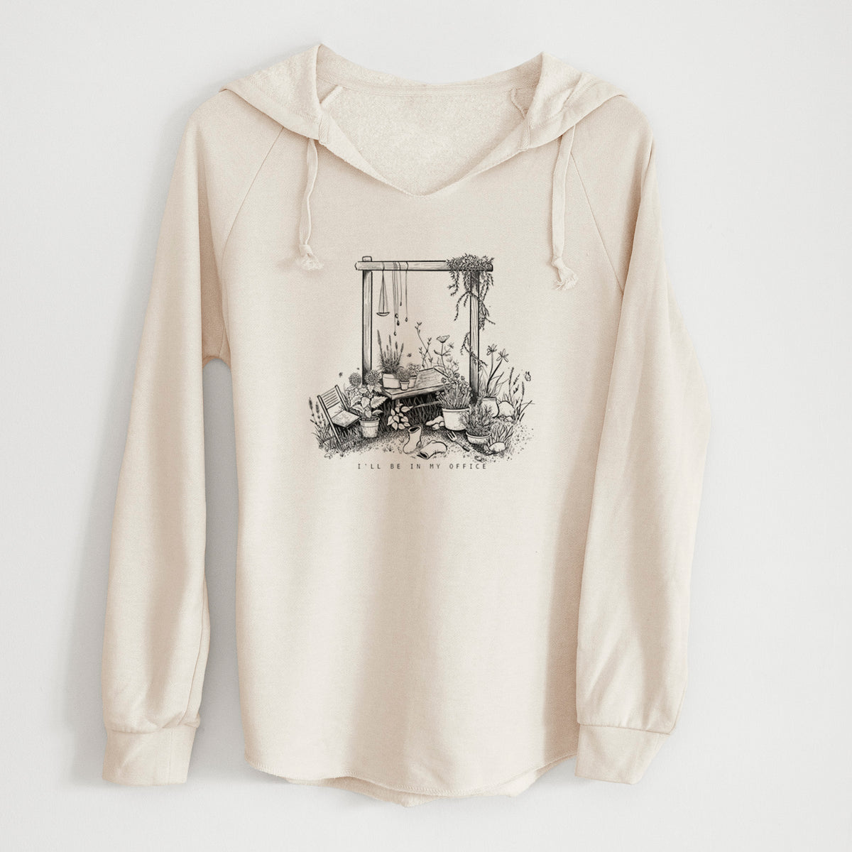 Bone cream women's Cali Wave hooded sweatshirt laid flat, printed with a black ink illustration of a garden gate arch surrounded by potted plants and flowers.