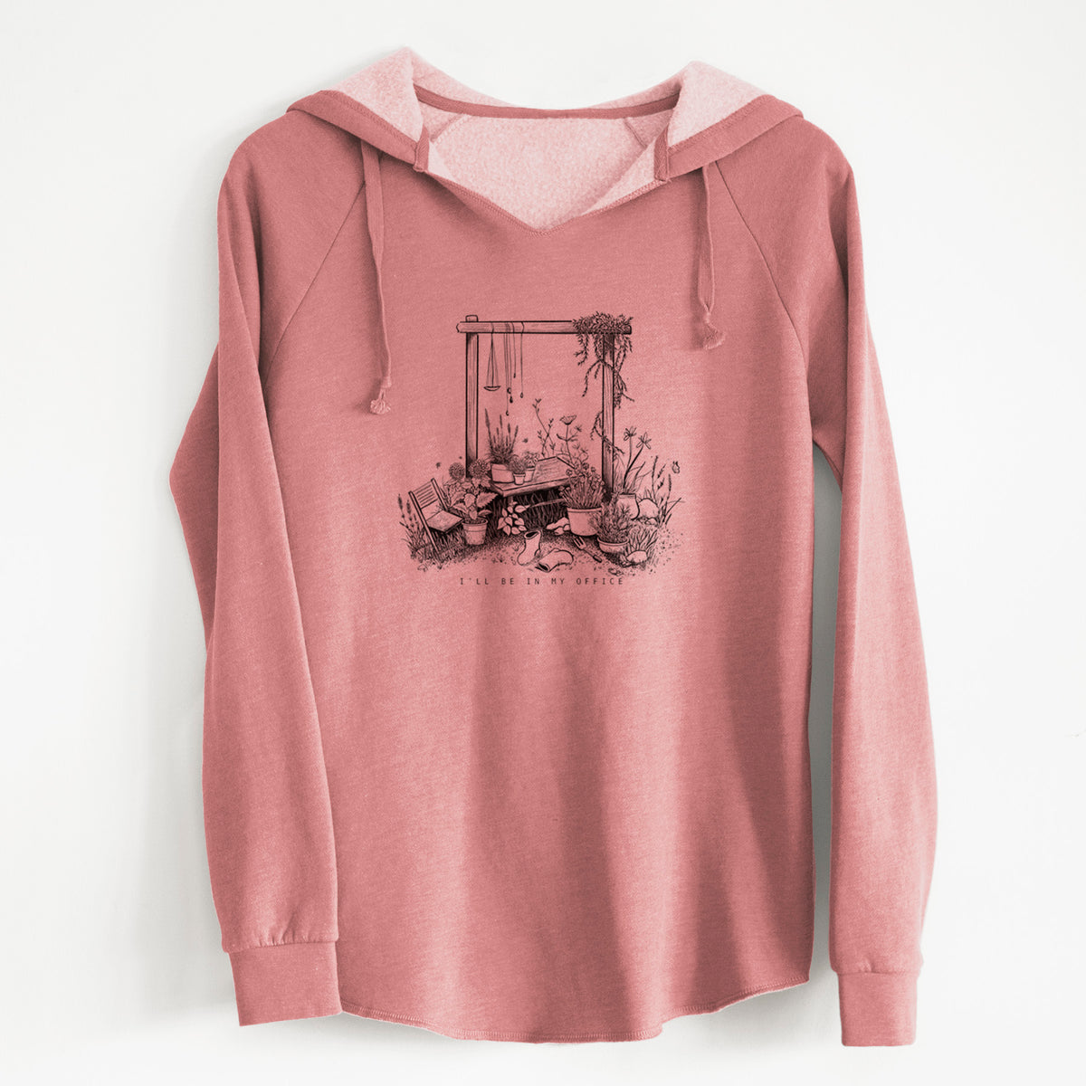 Dusty rose women's Cali Wave hooded sweatshirt laid flat, printed with a black ink illustration of a garden gate arch surrounded by potted plants and flowers.