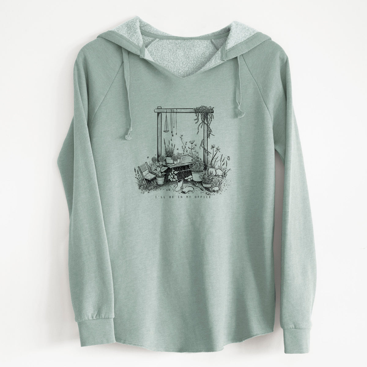 Sage green women's Cali Wave hooded sweatshirt laid flat, printed with a black ink illustration of a garden gate arch surrounded by potted plants and flowers.