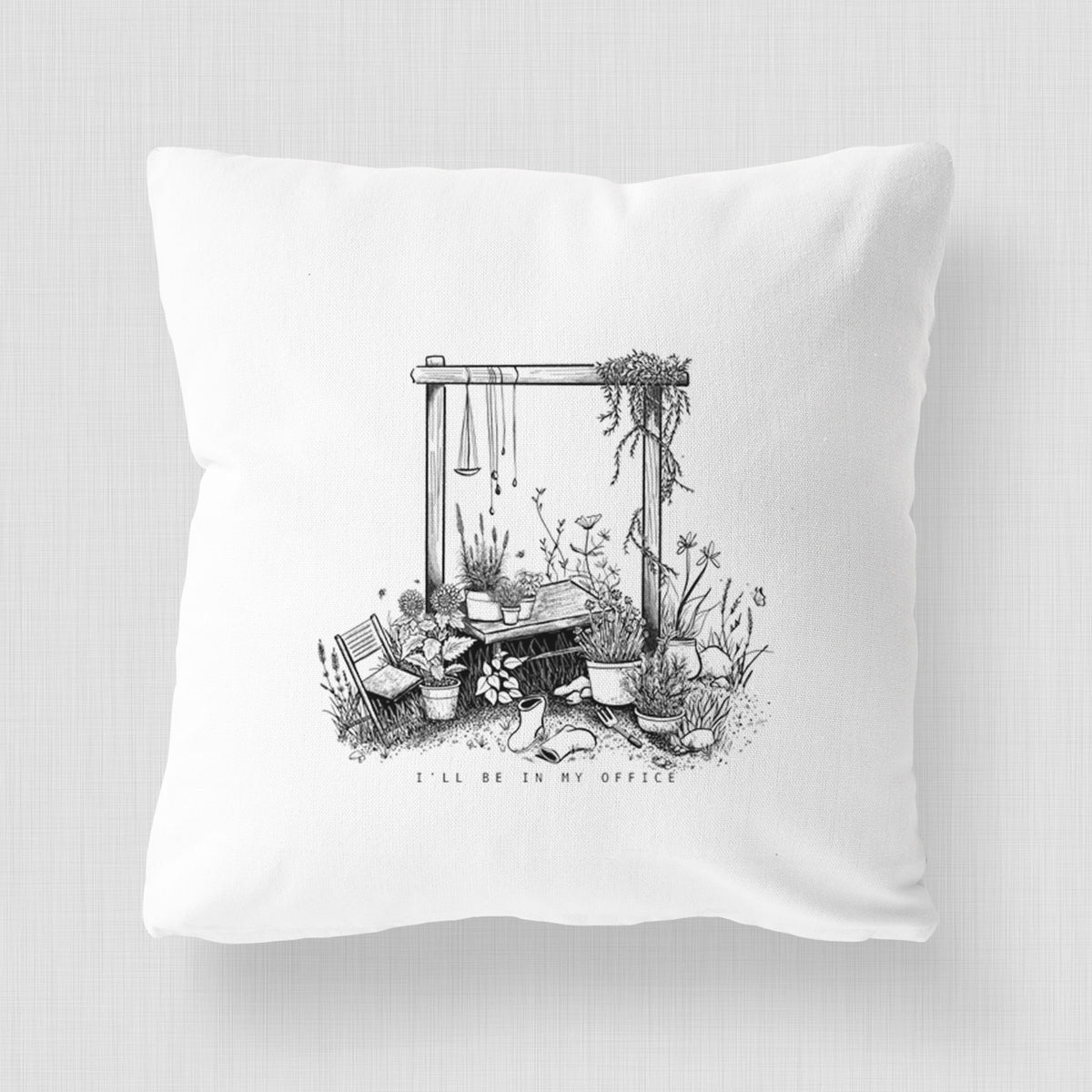 White pillow cover printed with a black ink illustration of a garden gate arch surrounded by potted plants and flowers.