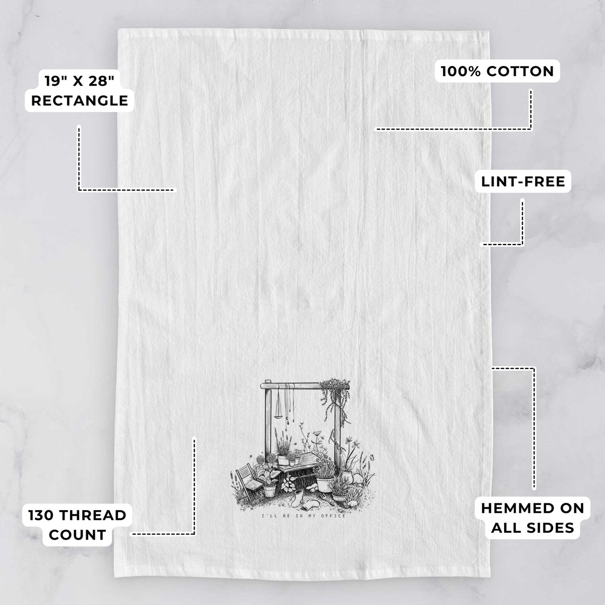 White tea towel printed with a black ink illustration of a garden gate arch surrounded by potted plants and flowers, with feature labels: 19 by 28 inch rectangle, 100% cotton, lint-free, 130 thread count, hemmed on all sides.