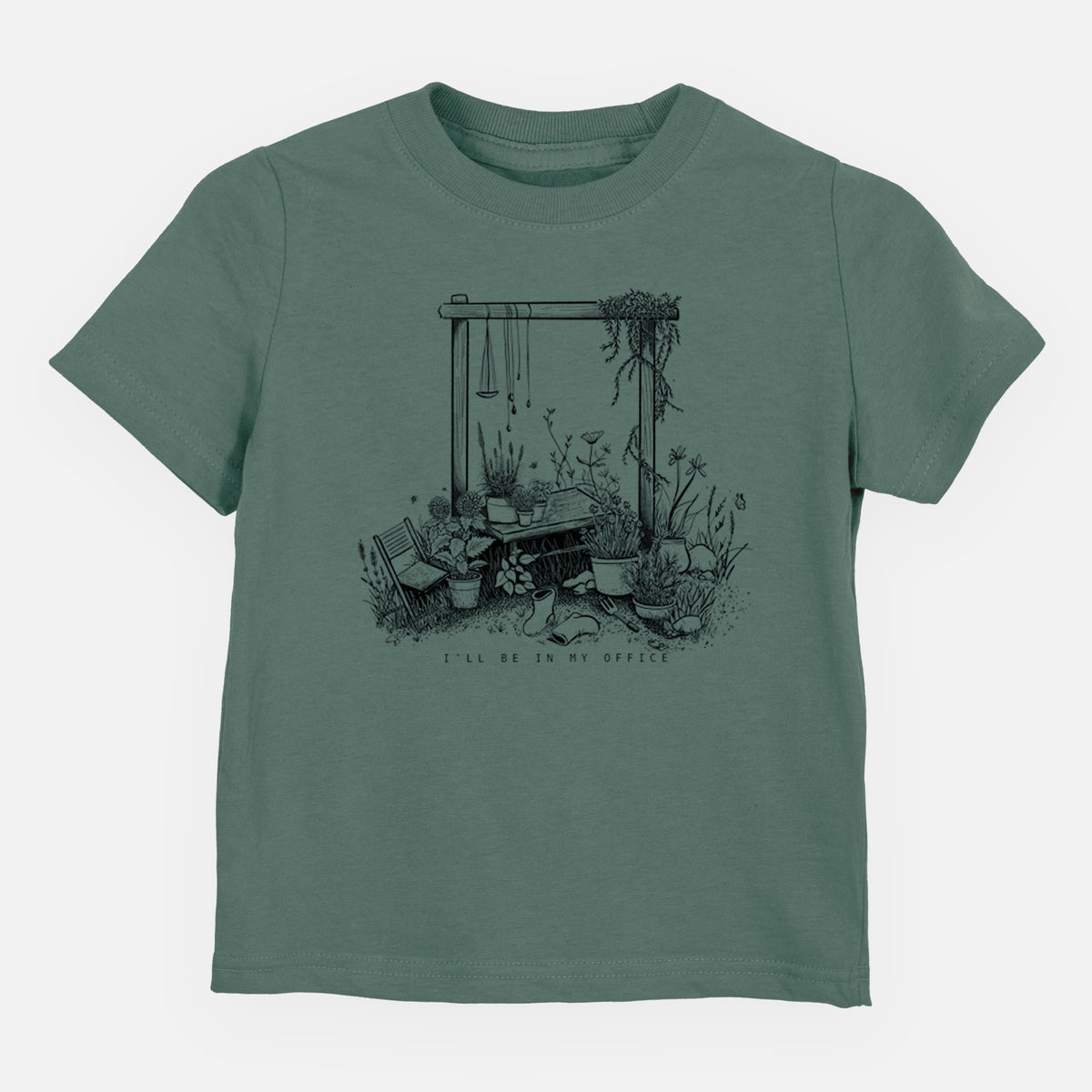 Basil green toddler t-shirt laid flat, printed with a black ink illustration of a garden gate arch surrounded by potted plants and flowers.