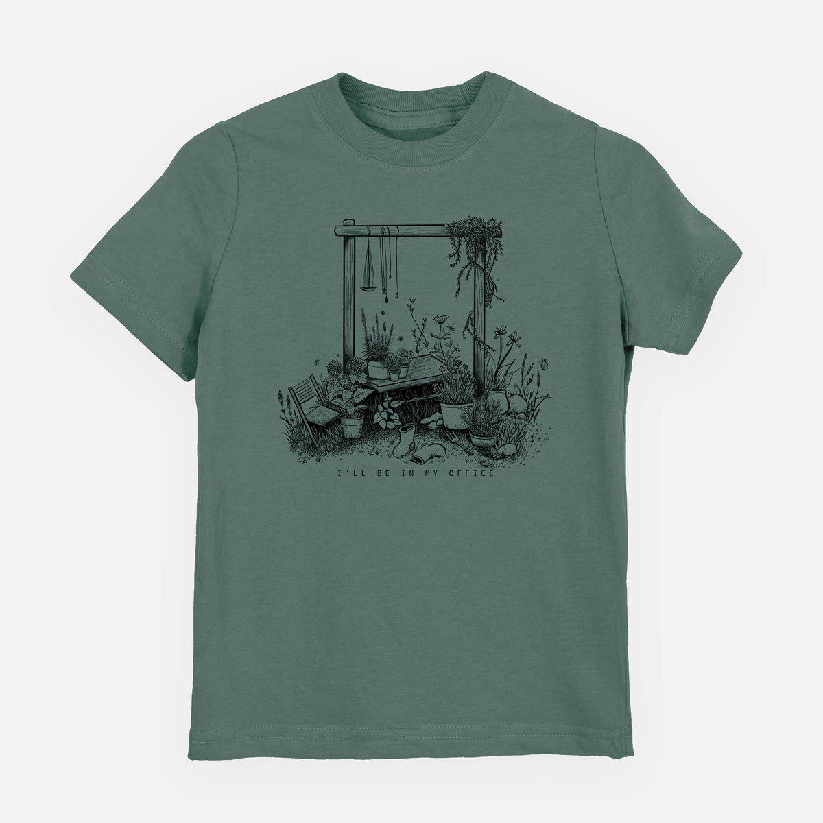 Basil green youth t-shirt laid flat, printed with a black ink illustration of a garden gate arch surrounded by potted plants and flowers.