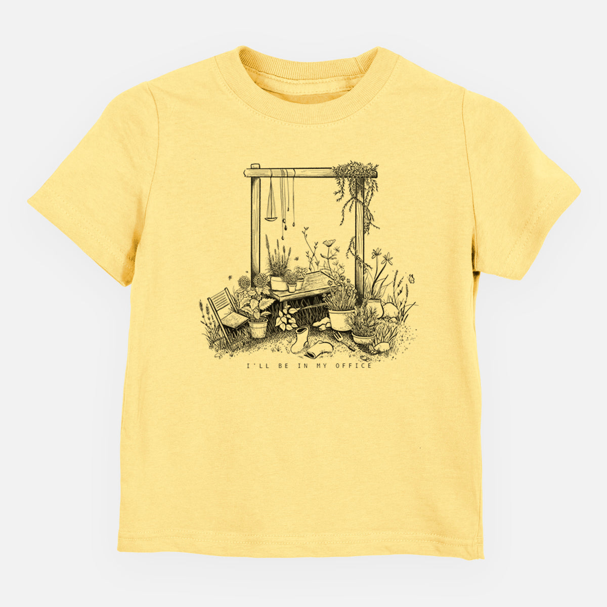 Butter yellow toddler t-shirt laid flat, printed with a black ink illustration of a garden gate arch surrounded by potted plants and flowers.