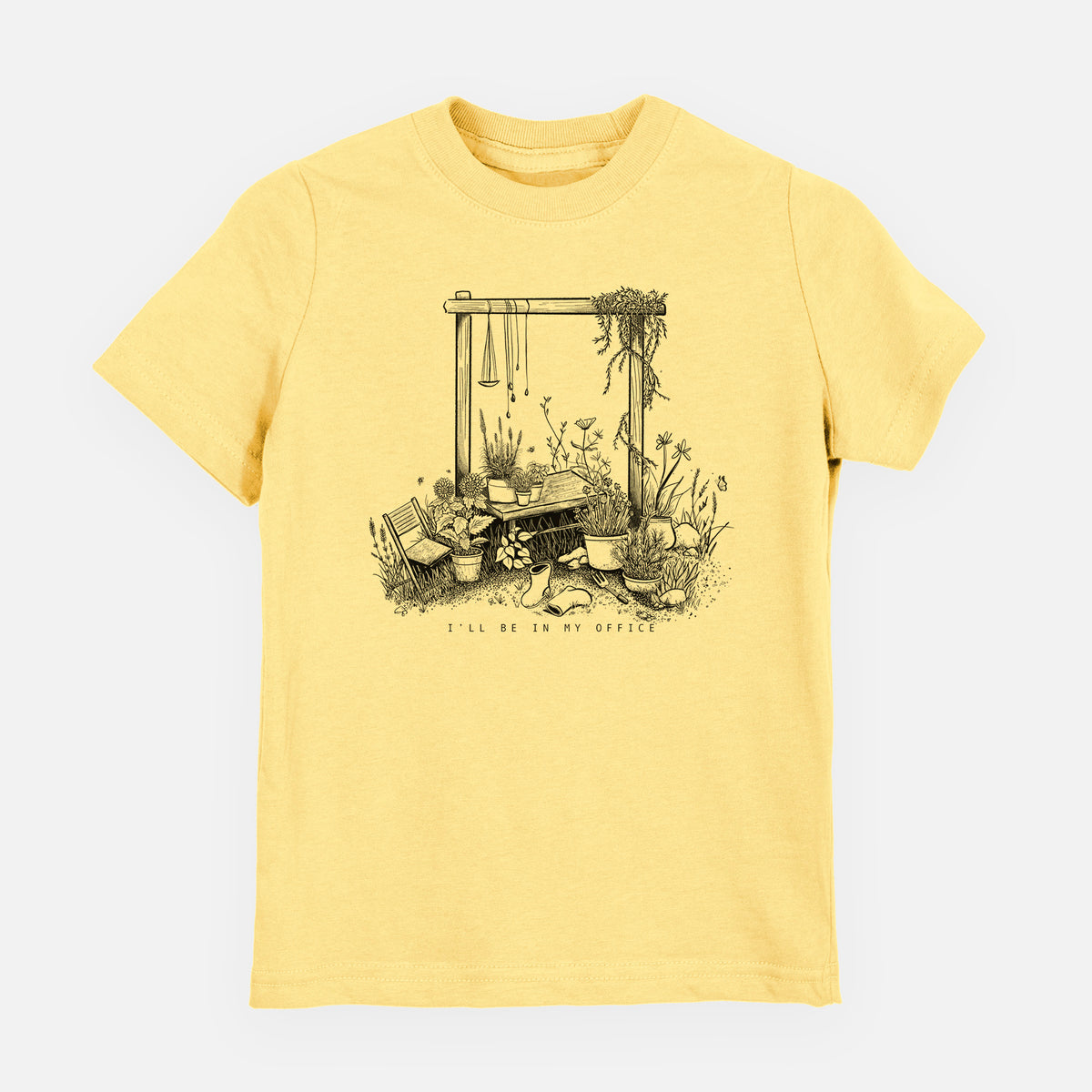 Butter yellow youth t-shirt laid flat, printed with a black ink illustration of a garden gate arch surrounded by potted plants and flowers.