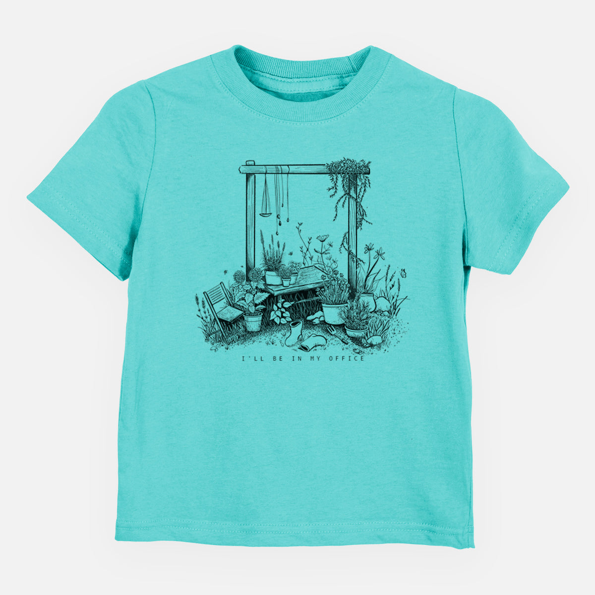 Caribbean blue toddler t-shirt laid flat, printed with a black ink illustration of a garden gate arch surrounded by potted plants and flowers.