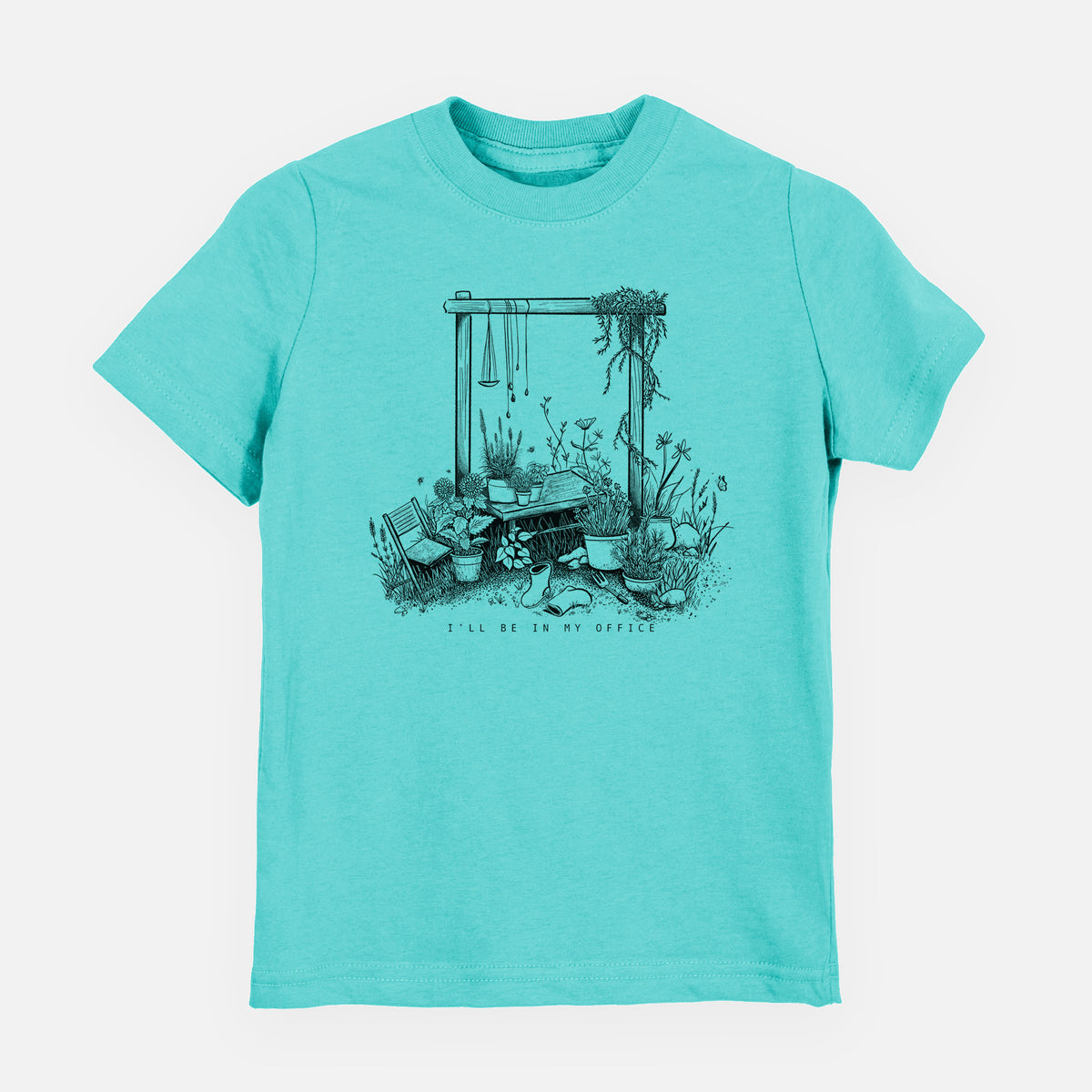 Caribbean blue youth t-shirt laid flat, printed with a black ink illustration of a garden gate arch surrounded by potted plants and flowers.