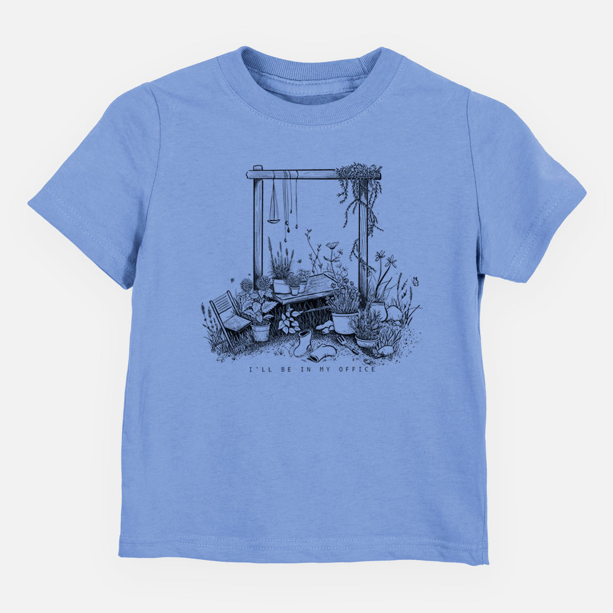 Carolina blue toddler t-shirt laid flat, printed with a black ink illustration of a garden gate arch surrounded by potted plants and flowers.