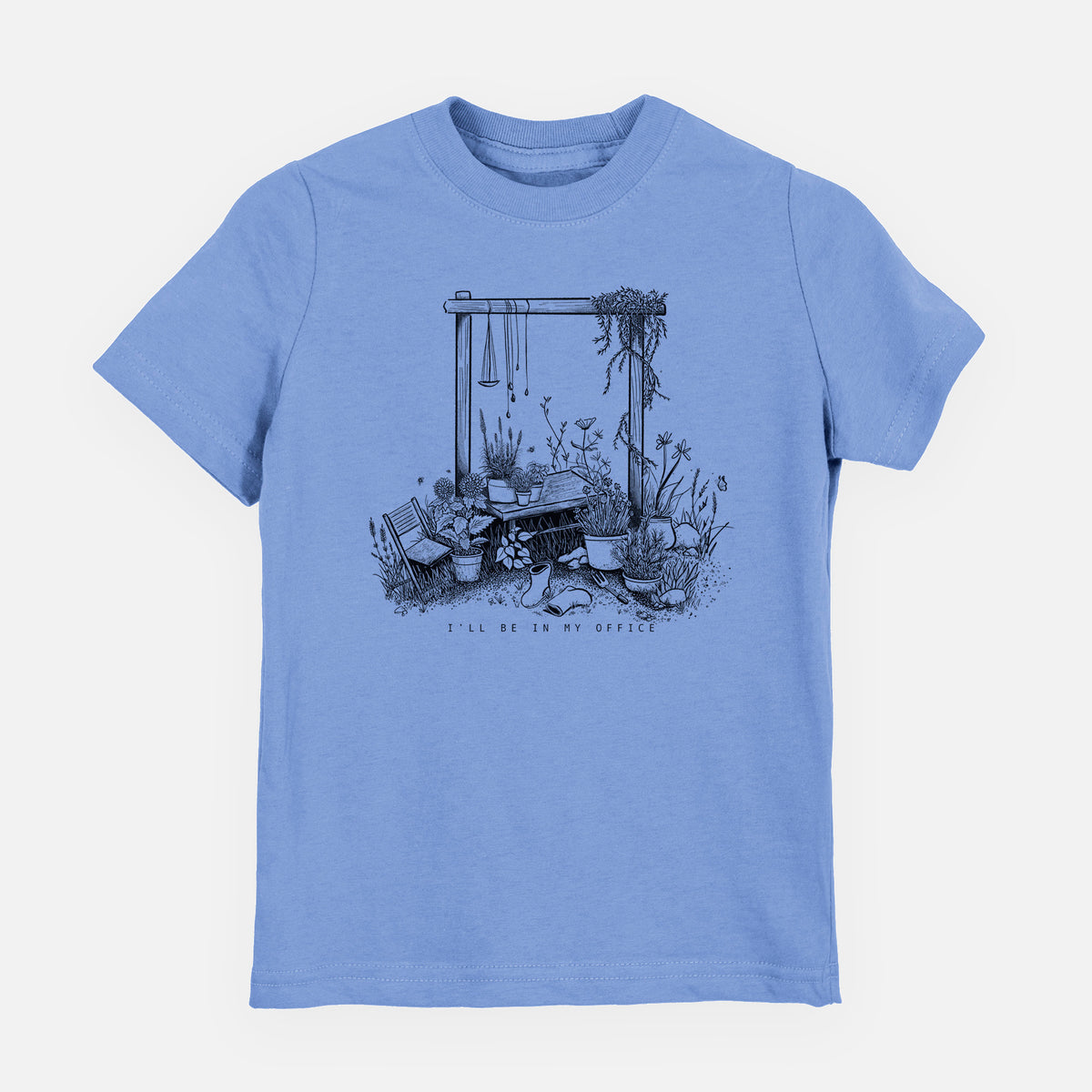 Carolina blue youth t-shirt laid flat, printed with a black ink illustration of a garden gate arch surrounded by potted plants and flowers.