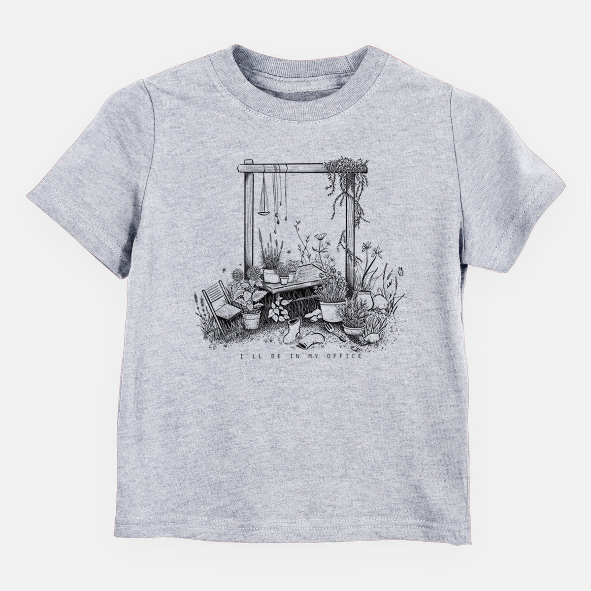Heather grey toddler t-shirt laid flat, printed with a black ink illustration of a garden gate arch surrounded by potted plants and flowers.