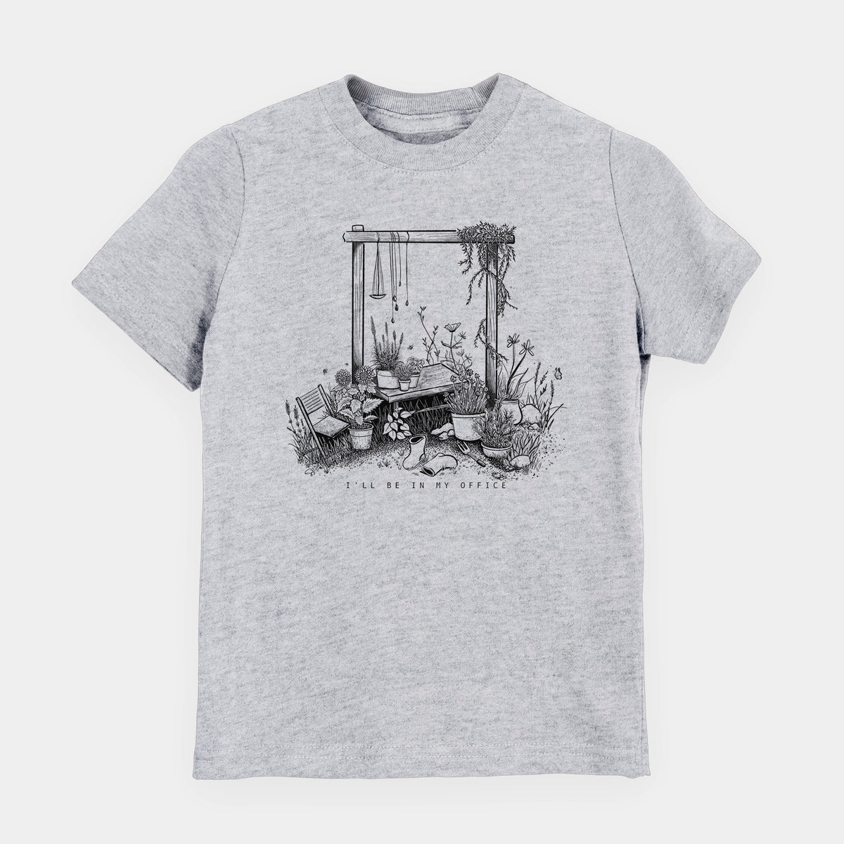 Heather grey youth t-shirt laid flat, printed with a black ink illustration of a garden gate arch surrounded by potted plants and flowers.