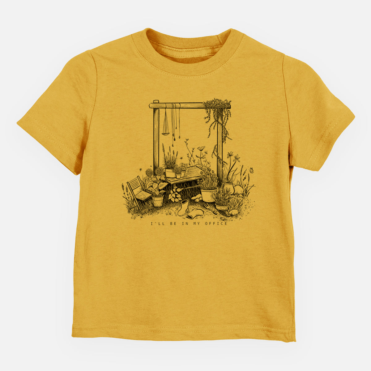 Honeycomb yellow toddler t-shirt laid flat, printed with a black ink illustration of a garden gate arch surrounded by potted plants and flowers.