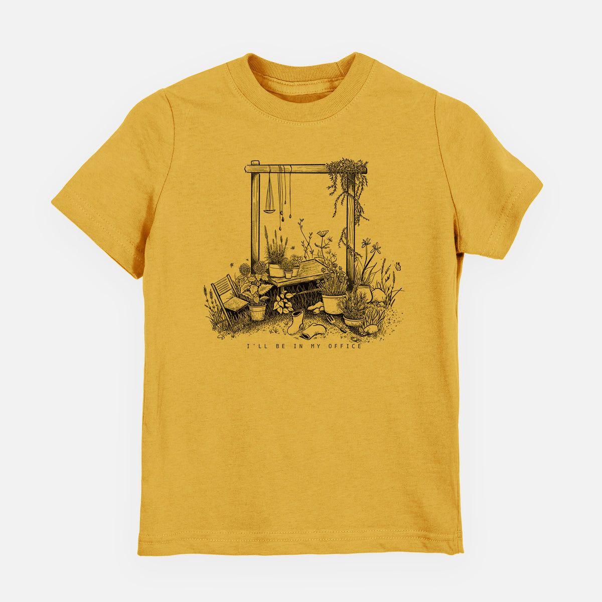 Honeycomb yellow youth t-shirt laid flat, printed with a black ink illustration of a garden gate arch surrounded by potted plants and flowers.