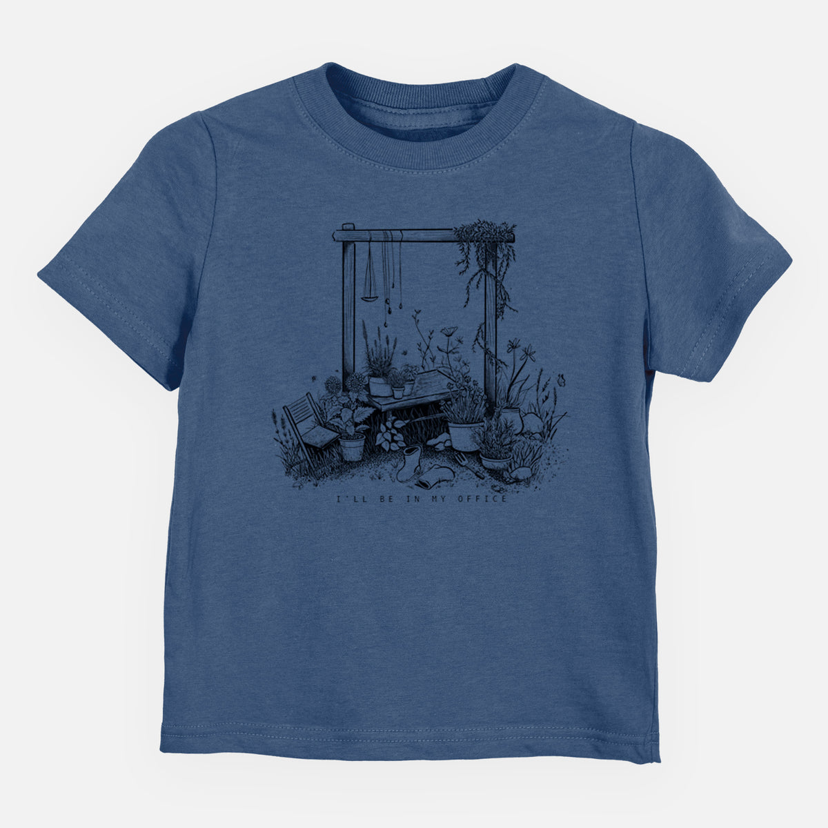 Indigo blue toddler t-shirt laid flat, printed with a black ink illustration of a garden gate arch surrounded by potted plants and flowers.
