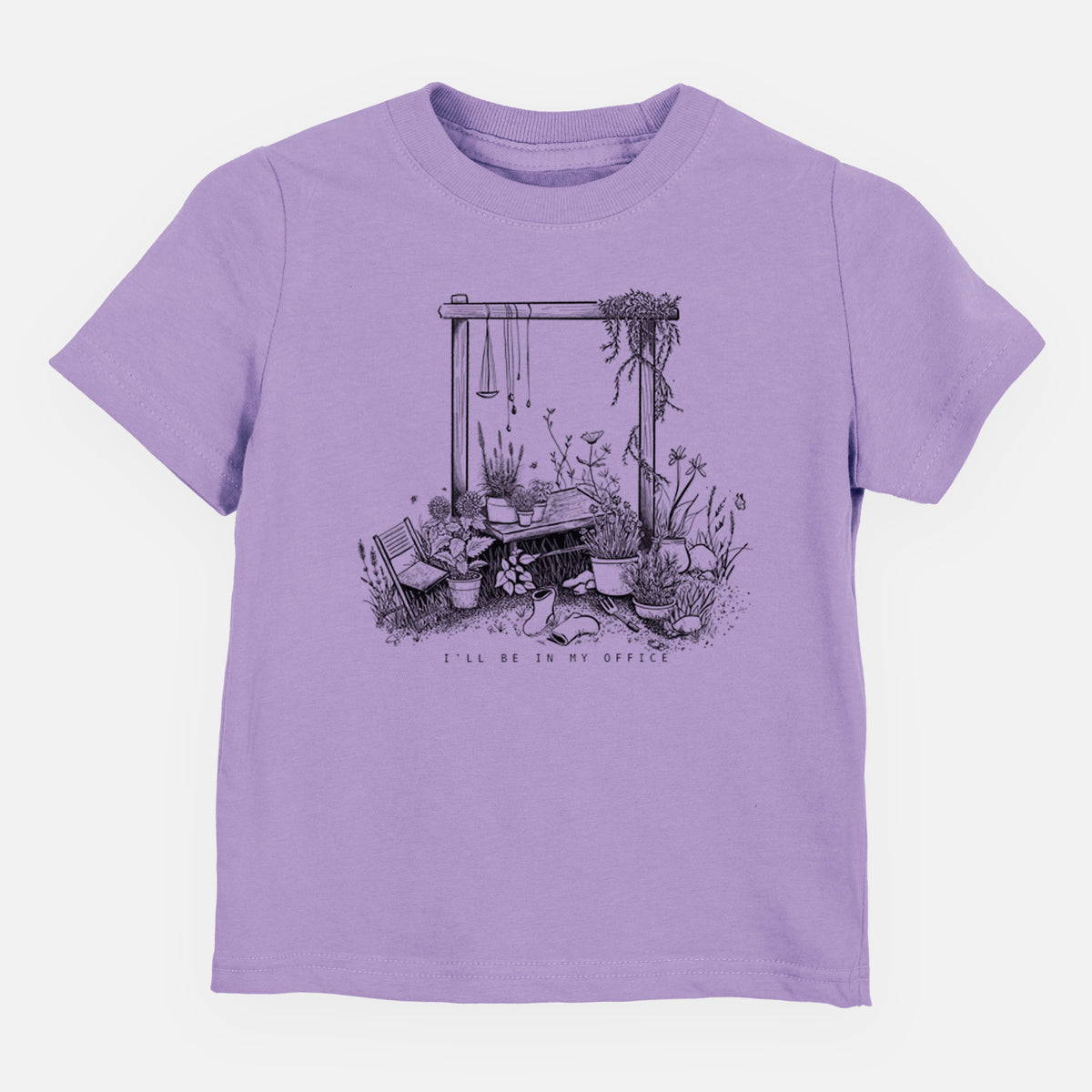 Lavender toddler t-shirt laid flat, printed with a black ink illustration of a garden gate arch surrounded by potted plants and flowers.
