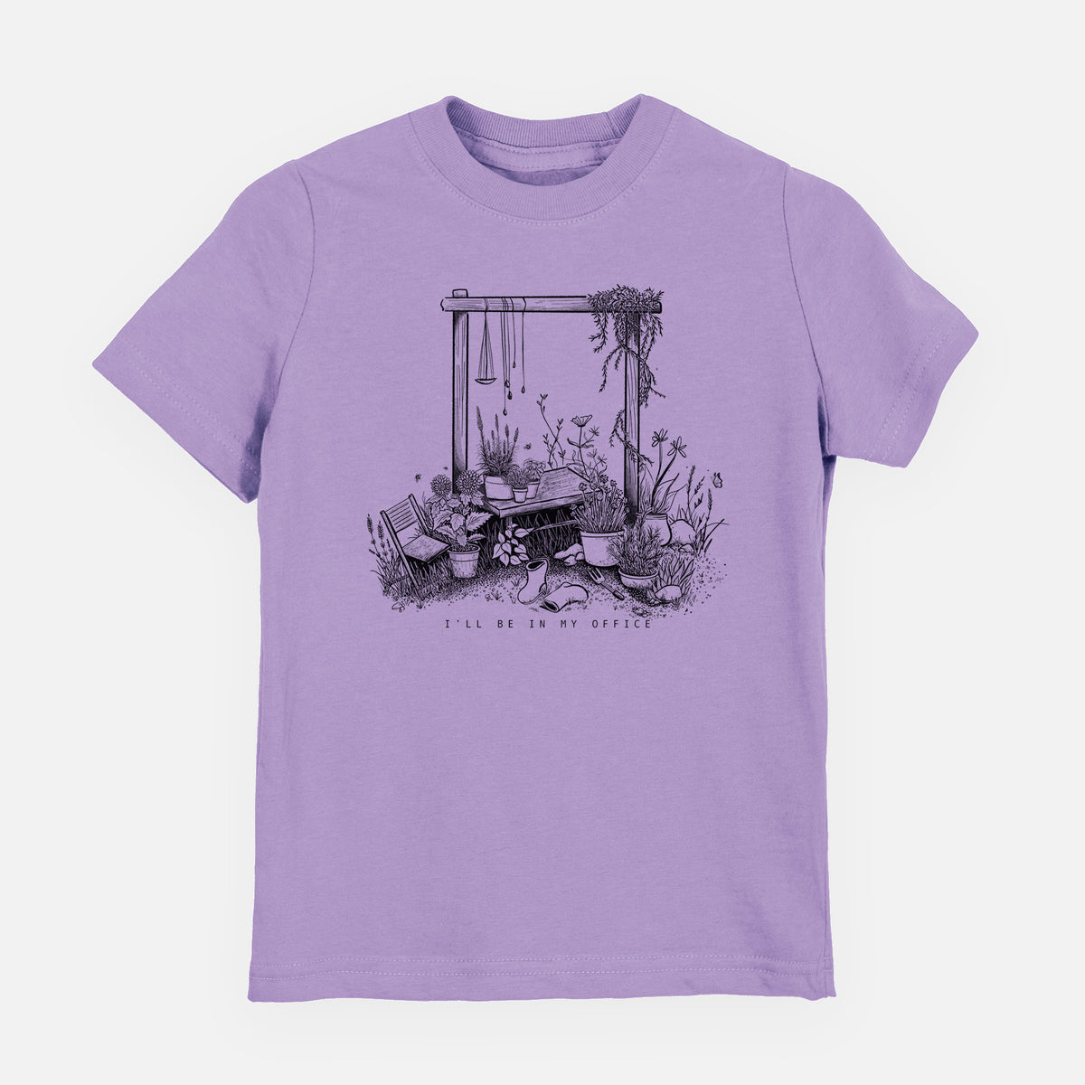 Lavender youth t-shirt laid flat, printed with a black ink illustration of a garden gate arch surrounded by potted plants and flowers.