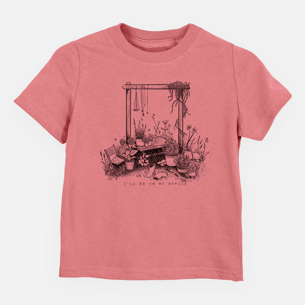 Mauve pink toddler t-shirt laid flat, printed with a black ink illustration of a garden gate arch surrounded by potted plants and flowers.