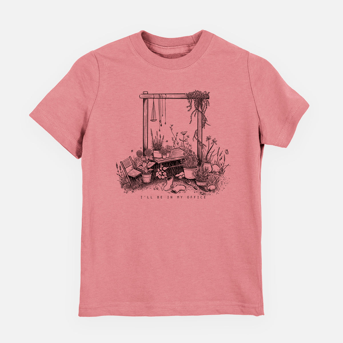 Mauve pink youth t-shirt laid flat, printed with a black ink illustration of a garden gate arch surrounded by potted plants and flowers.