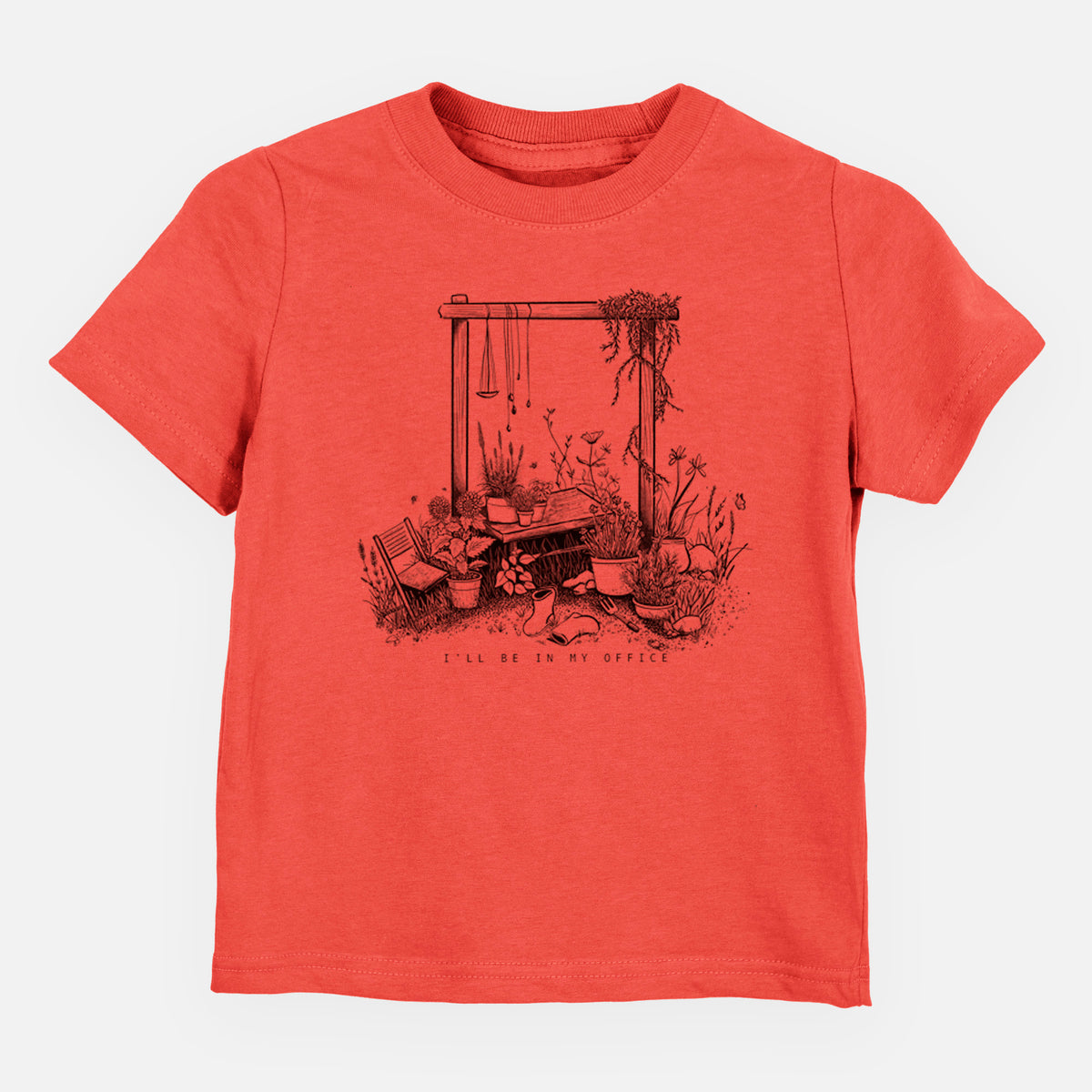 Passionfruit pink toddler t-shirt laid flat, printed with a black ink illustration of a garden gate arch surrounded by potted plants and flowers.