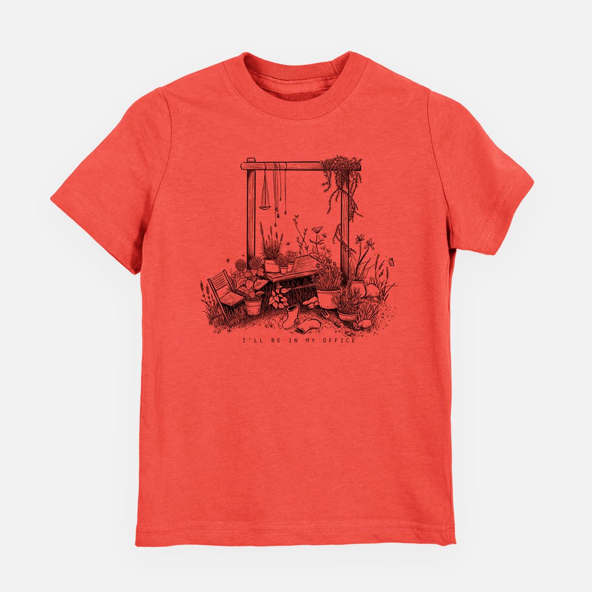 Passionfruit pink youth t-shirt laid flat, printed with a black ink illustration of a garden gate arch surrounded by potted plants and flowers.