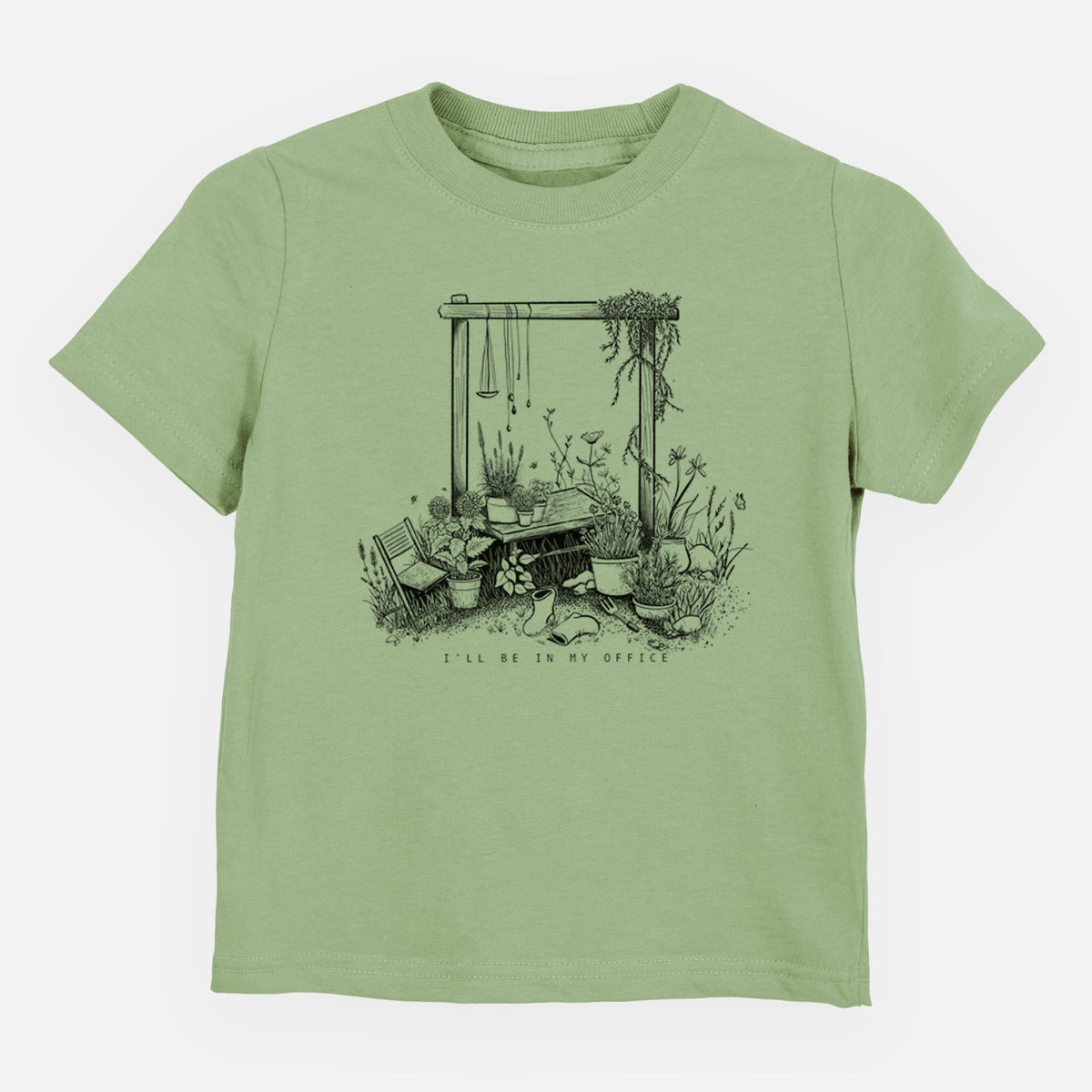 Sage green toddler t-shirt laid flat, printed with a black ink illustration of a garden gate arch surrounded by potted plants and flowers.