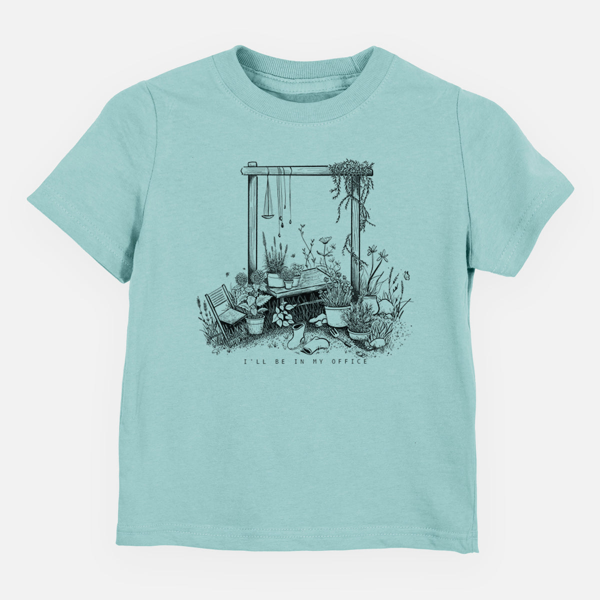 Saltwater toddler t-shirt laid flat, printed with a black ink illustration of a garden gate arch surrounded by potted plants and flowers.