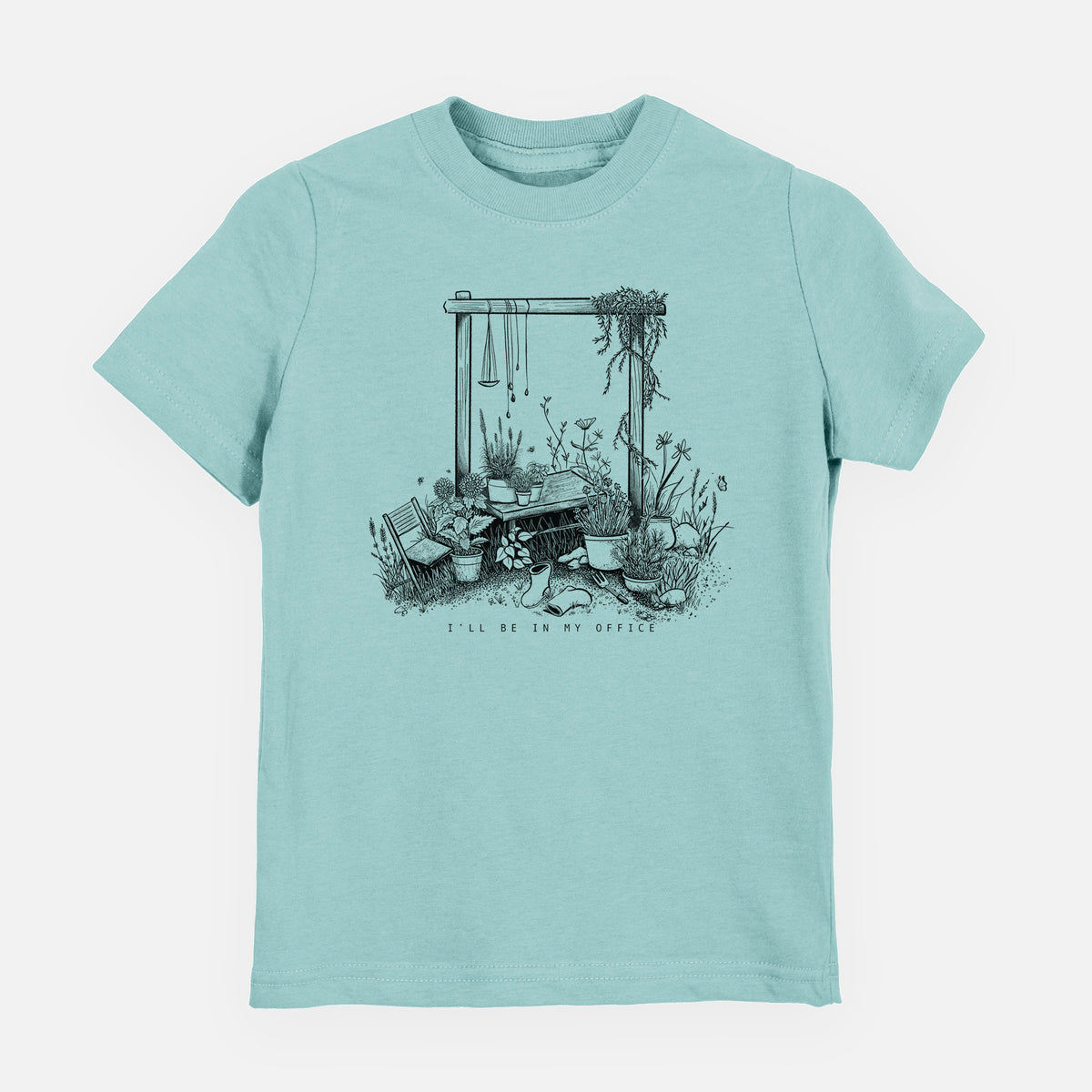 Saltwater youth t-shirt laid flat, printed with a black ink illustration of a garden gate arch surrounded by potted plants and flowers.