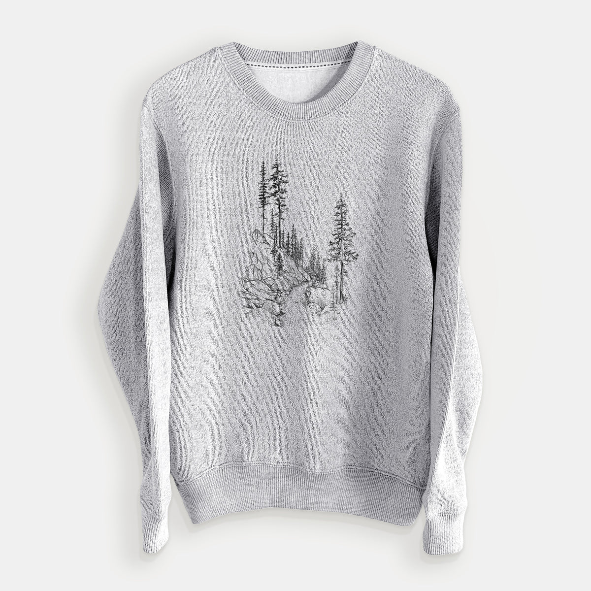 Salt and pepper knit sweatshirt laid flat, printed with a black ink illustration of a trail winding past tall pine trees and rocks into the woods.
