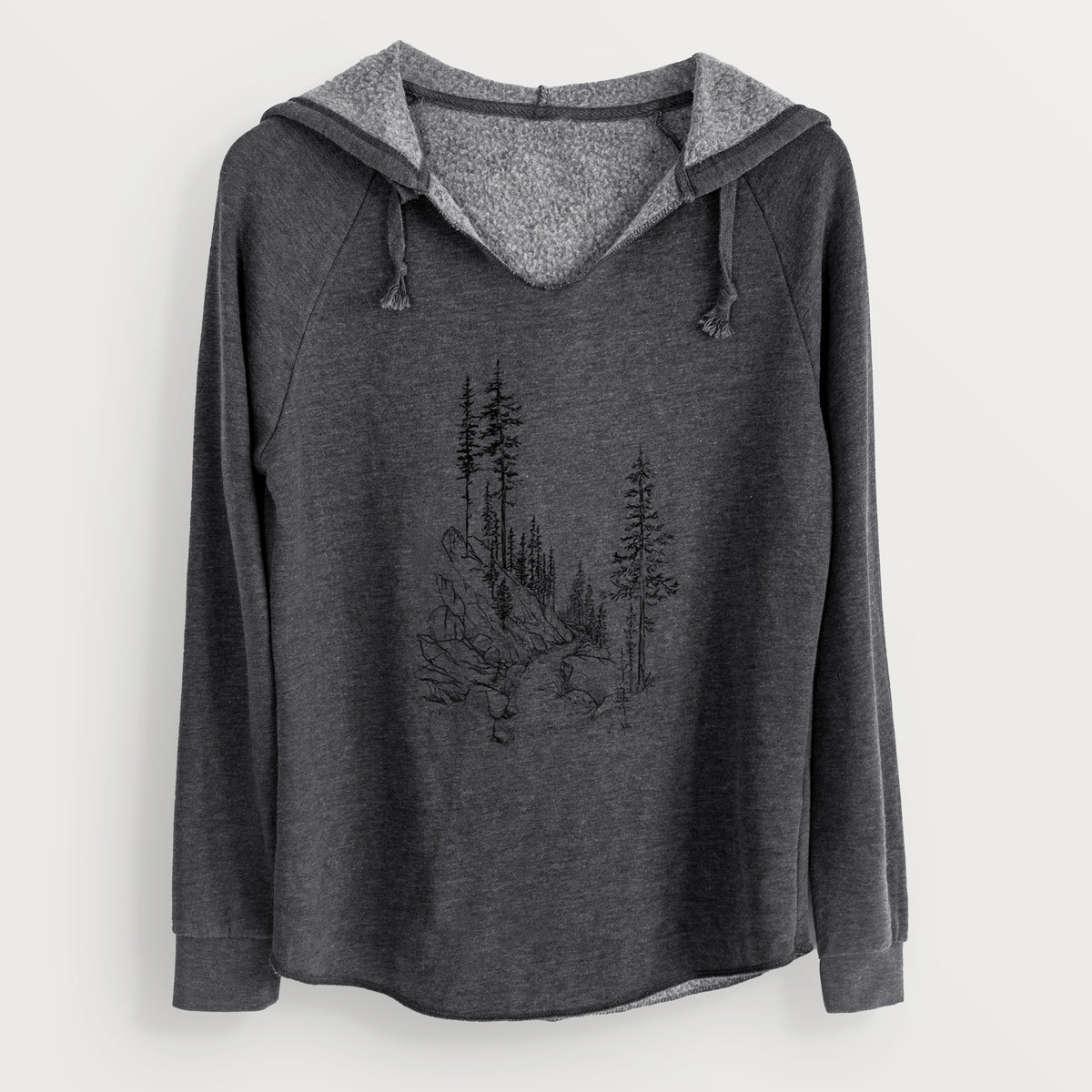 Charcoal grey women's Cali Wave hooded sweatshirt laid flat, printed with a black ink illustration of a trail winding past tall pine trees and rocks into the woods.