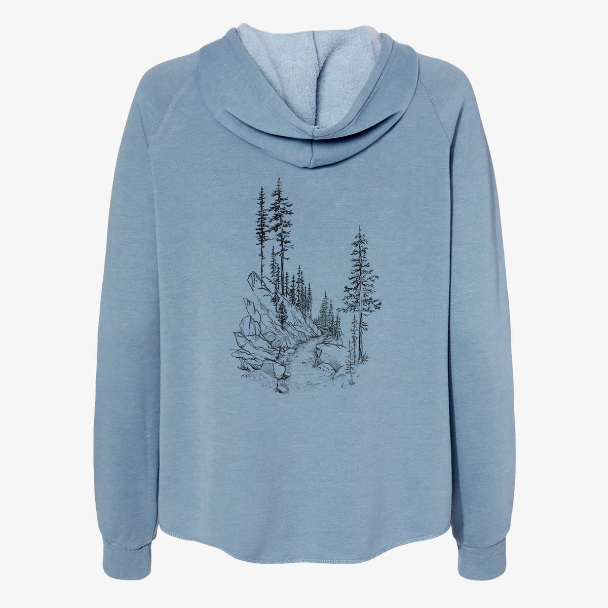 Misty blue women's Cali Wave zip-up sweatshirt laid flat, printed with a black ink illustration of a trail winding past tall pine trees and rocks into the woods.
