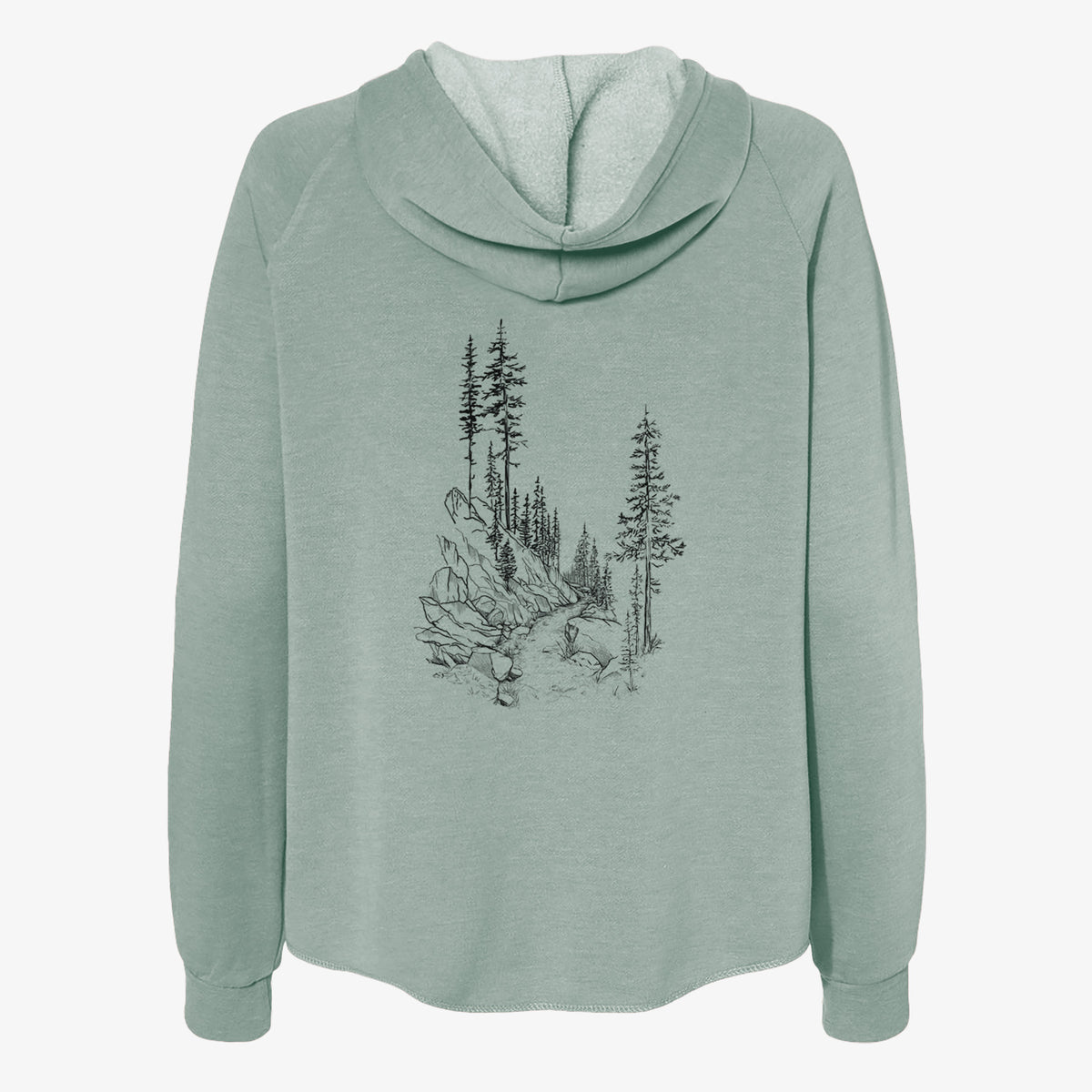 Sage green women's Cali Wave zip-up sweatshirt laid flat, printed with a black ink illustration of a trail winding past tall pine trees and rocks into the woods.