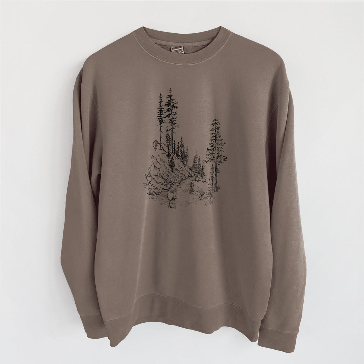 Into the Woods - Hiking - Unisex Pigment Dyed Crew Sweatshirt in Espresso Brown Color