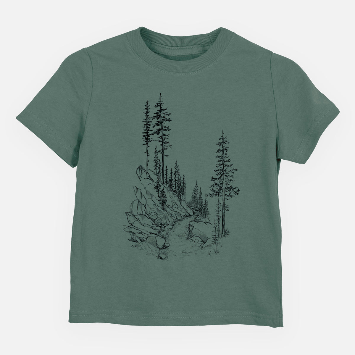 Basil green toddler t-shirt laid flat, printed with a black ink illustration of a trail winding past tall pine trees and rocks into the woods.