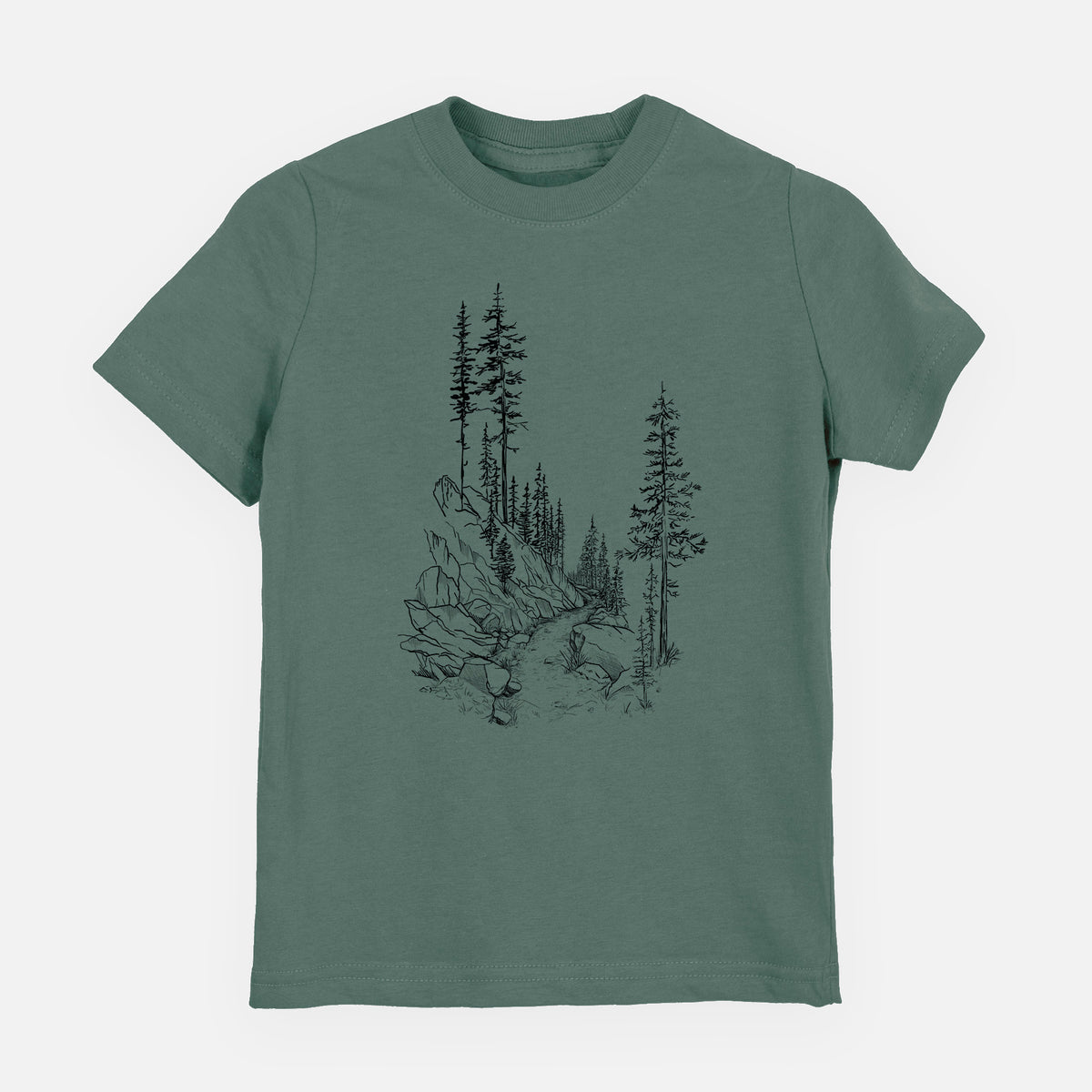 Basil green youth t-shirt laid flat, printed with a black ink illustration of a trail winding past tall pine trees and rocks into the woods.