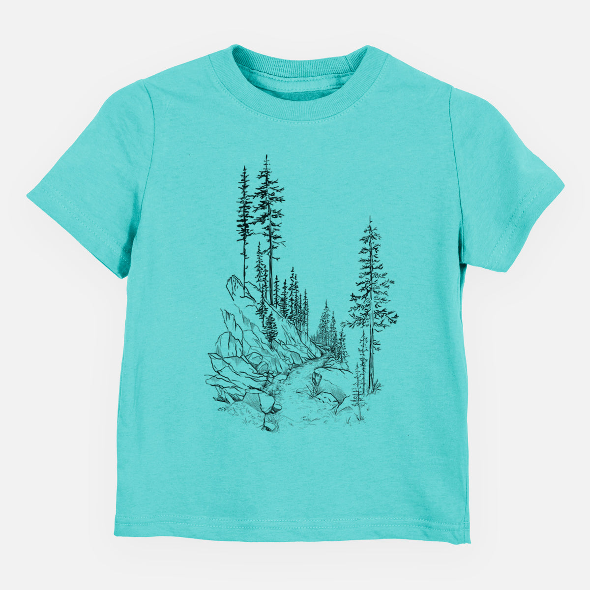 Caribbean blue toddler t-shirt laid flat, printed with a black ink illustration of a trail winding past tall pine trees and rocks into the woods.