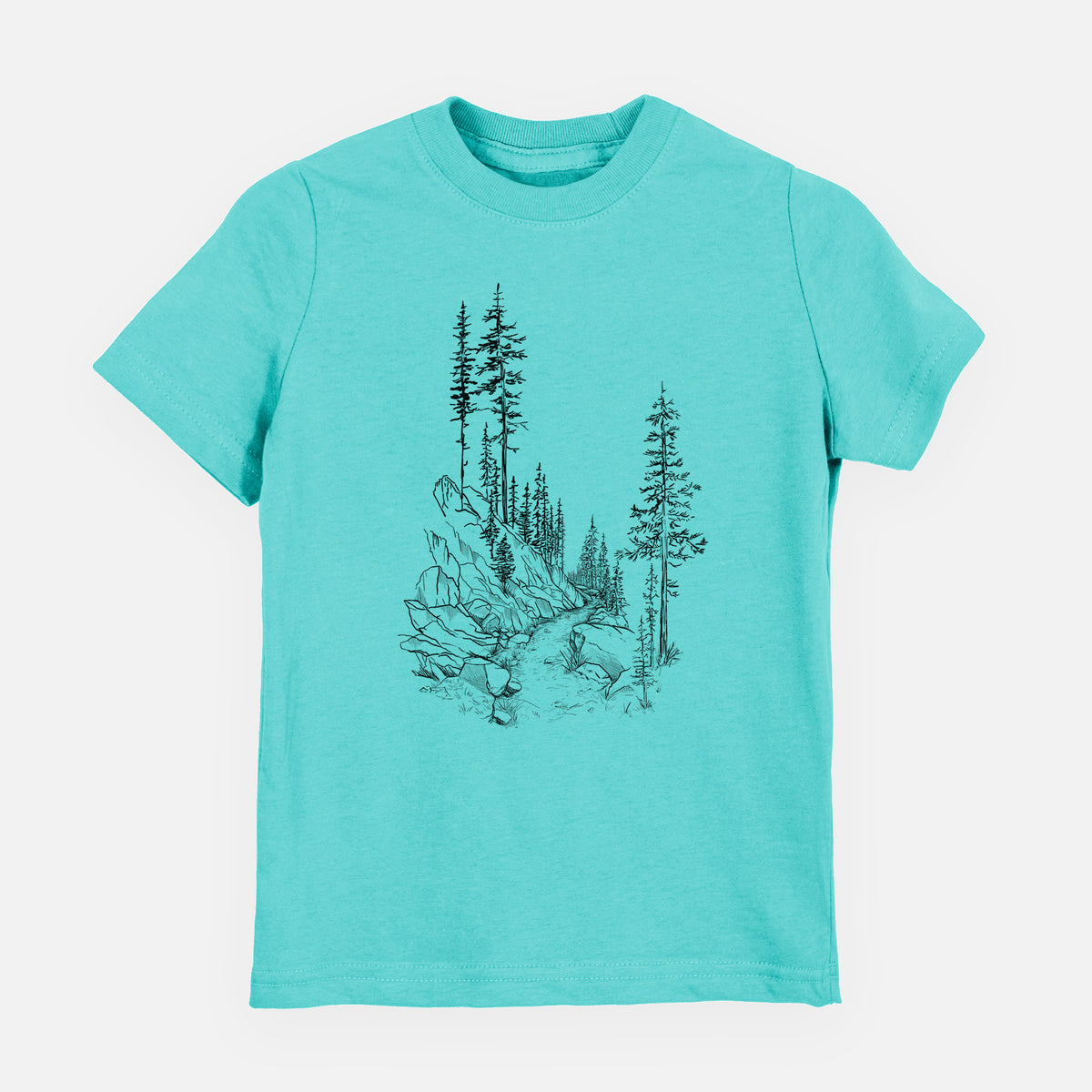 Caribbean blue youth t-shirt laid flat, printed with a black ink illustration of a trail winding past tall pine trees and rocks into the woods.