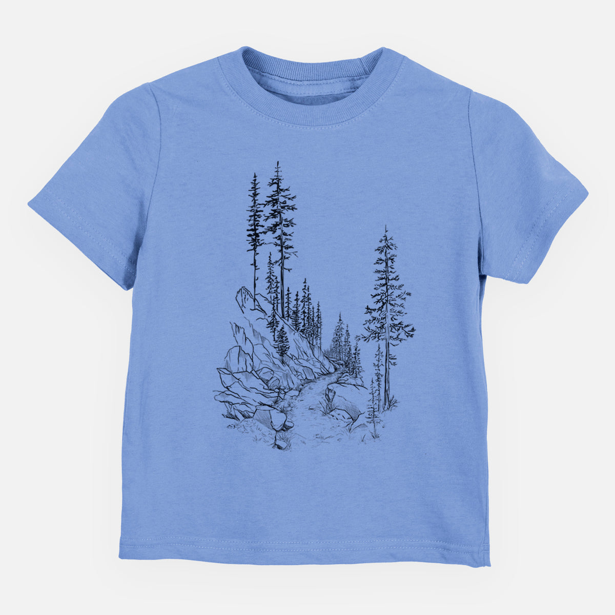 Carolina blue toddler t-shirt laid flat, printed with a black ink illustration of a trail winding past tall pine trees and rocks into the woods.