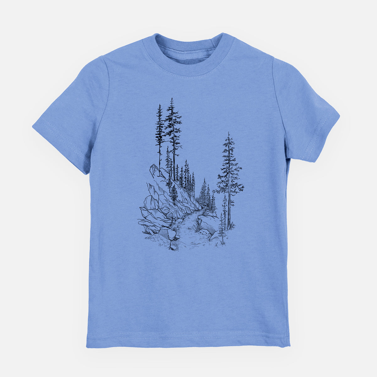 Carolina blue youth t-shirt laid flat, printed with a black ink illustration of a trail winding past tall pine trees and rocks into the woods.