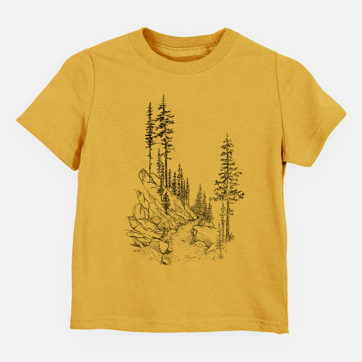 Honeycomb yellow toddler t-shirt laid flat, printed with a black ink illustration of a trail winding past tall pine trees and rocks into the woods.