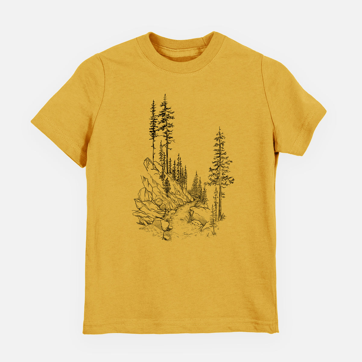 Honeycomb yellow youth t-shirt laid flat, printed with a black ink illustration of a trail winding past tall pine trees and rocks into the woods.