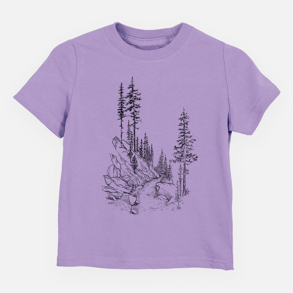 Lavender toddler t-shirt laid flat, printed with a black ink illustration of a trail winding past tall pine trees and rocks into the woods.