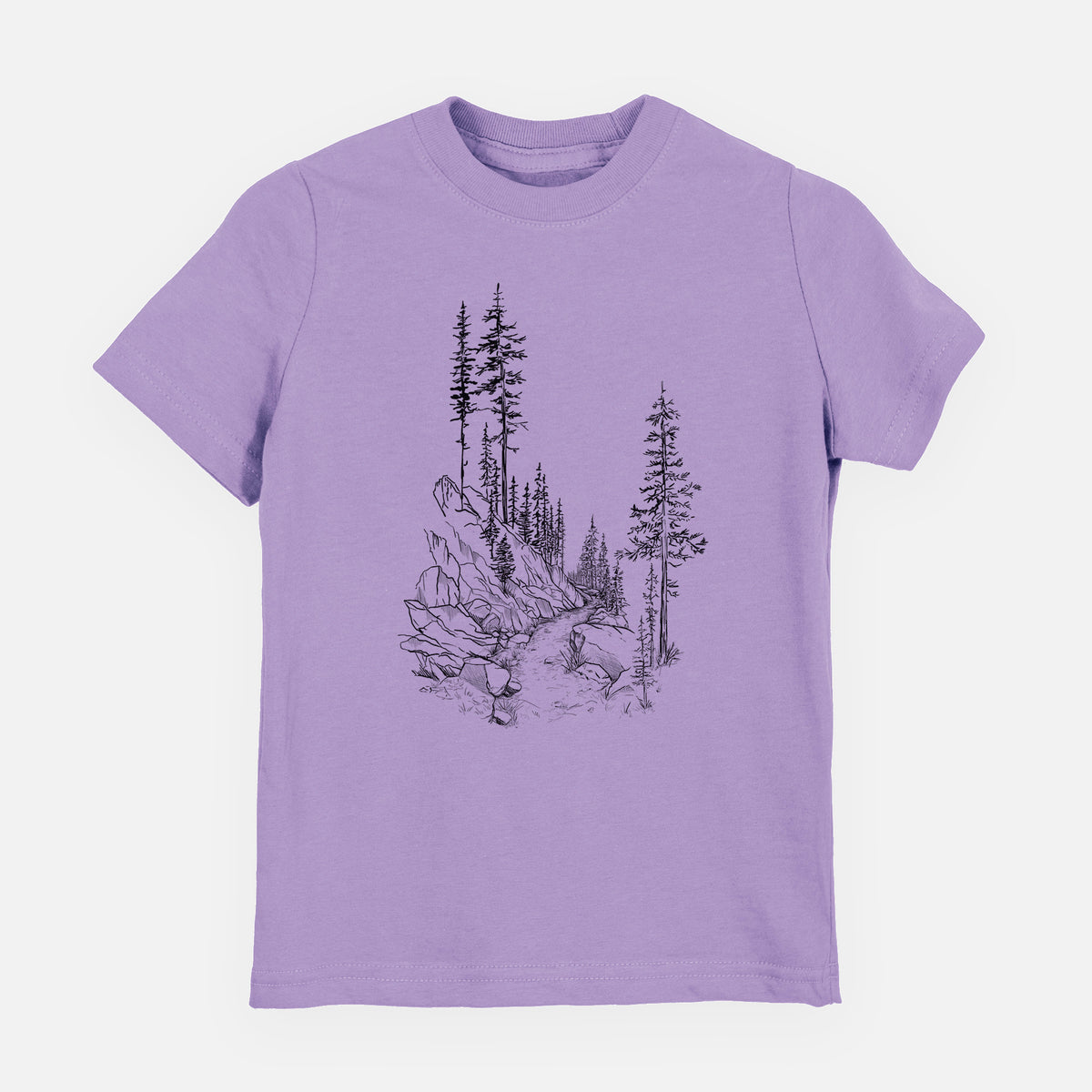 Lavender youth t-shirt laid flat, printed with a black ink illustration of a trail winding past tall pine trees and rocks into the woods.