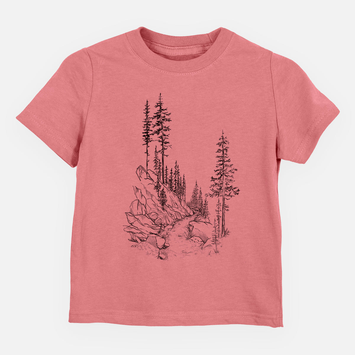 Mauve pink toddler t-shirt laid flat, printed with a black ink illustration of a trail winding past tall pine trees and rocks into the woods.