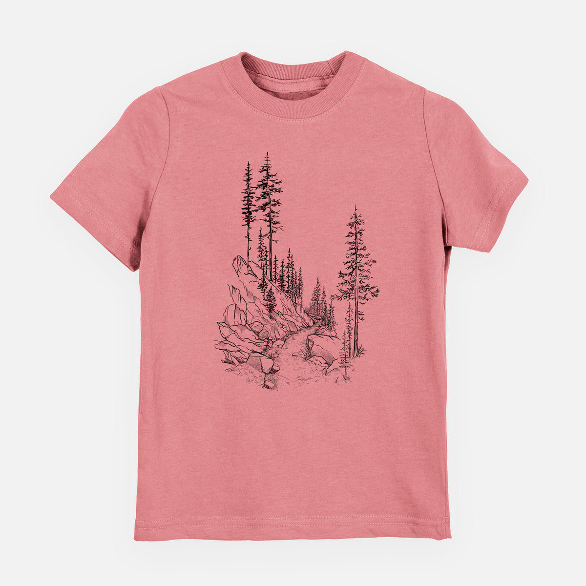 Mauve pink youth t-shirt laid flat, printed with a black ink illustration of a trail winding past tall pine trees and rocks into the woods.