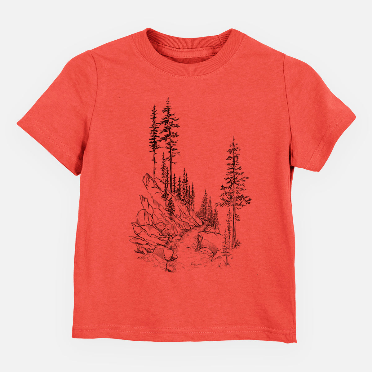 Passionfruit pink toddler t-shirt laid flat, printed with a black ink illustration of a trail winding past tall pine trees and rocks into the woods.