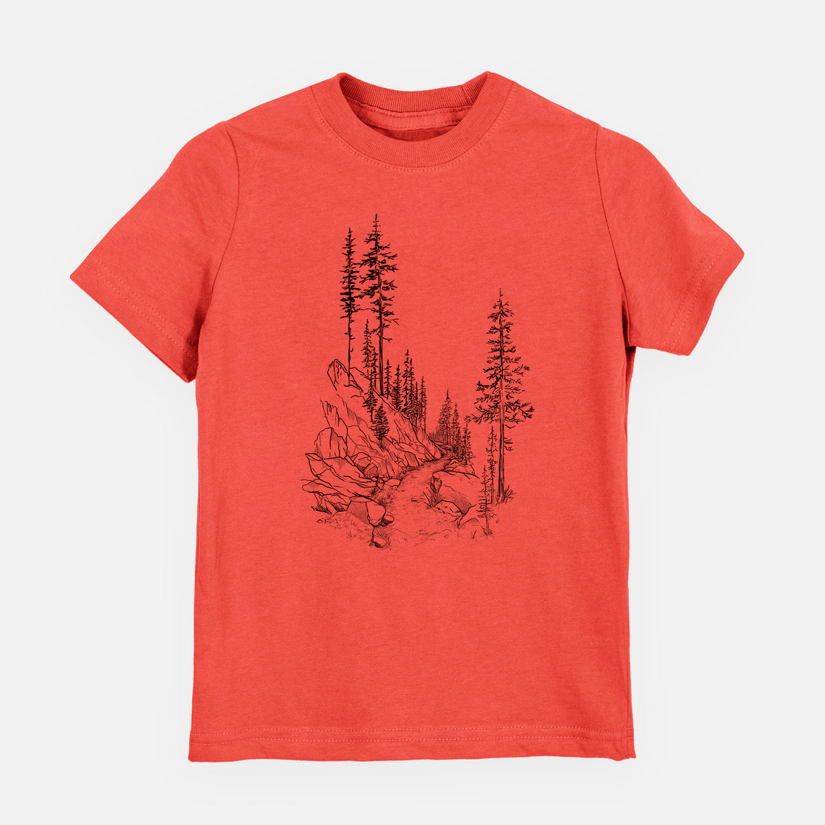 Passionfruit pink youth t-shirt laid flat, printed with a black ink illustration of a trail winding past tall pine trees and rocks into the woods.