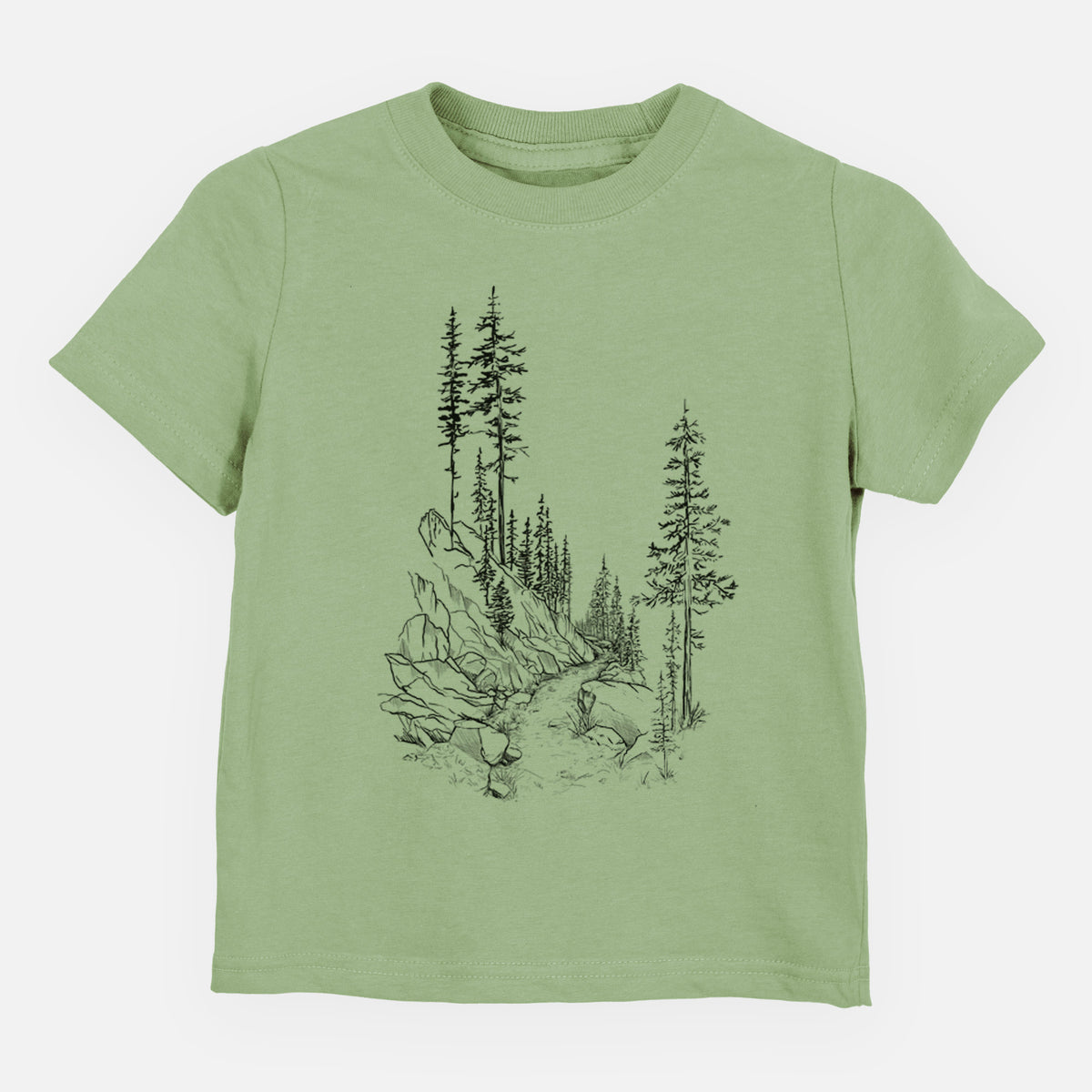 Sage green toddler t-shirt laid flat, printed with a black ink illustration of a trail winding past tall pine trees and rocks into the woods.