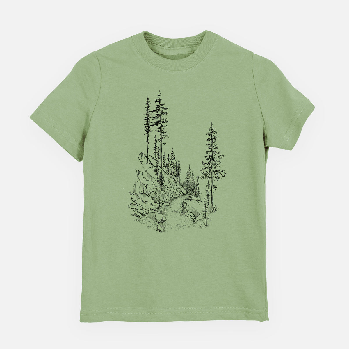 Sage green youth t-shirt laid flat, printed with a black ink illustration of a trail winding past tall pine trees and rocks into the woods.